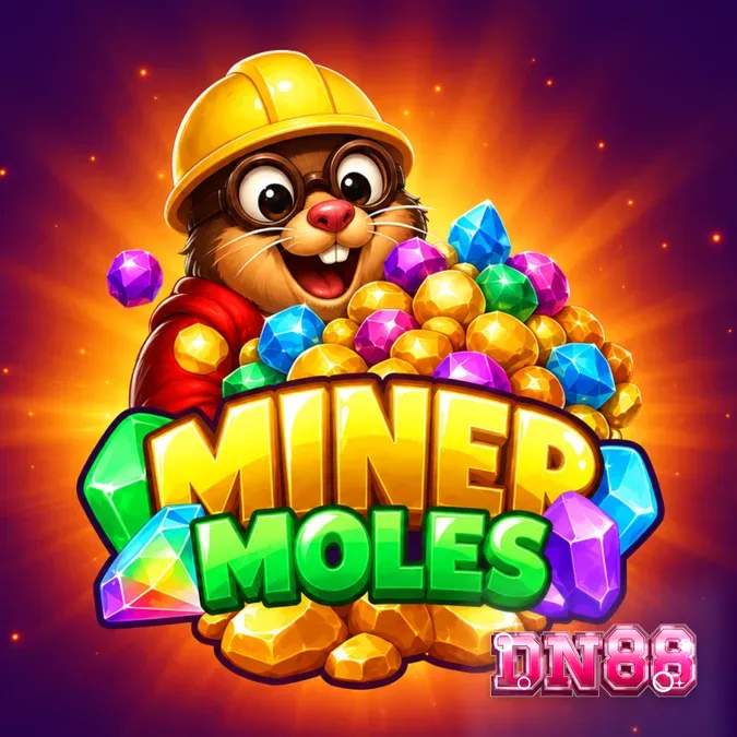 Giao diện trò chơi slot Miner Moles với lưới 6x6 và các biểu tượng chuột chũi hoạt hình